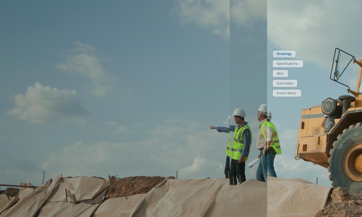 Two people in yellow hi-vis vests and hard hats are at a construction site, pointing toward the work site.