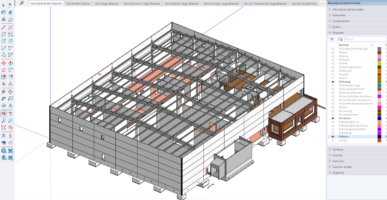 3D model in SketchUp showing the IFC classification entities of the production plant.