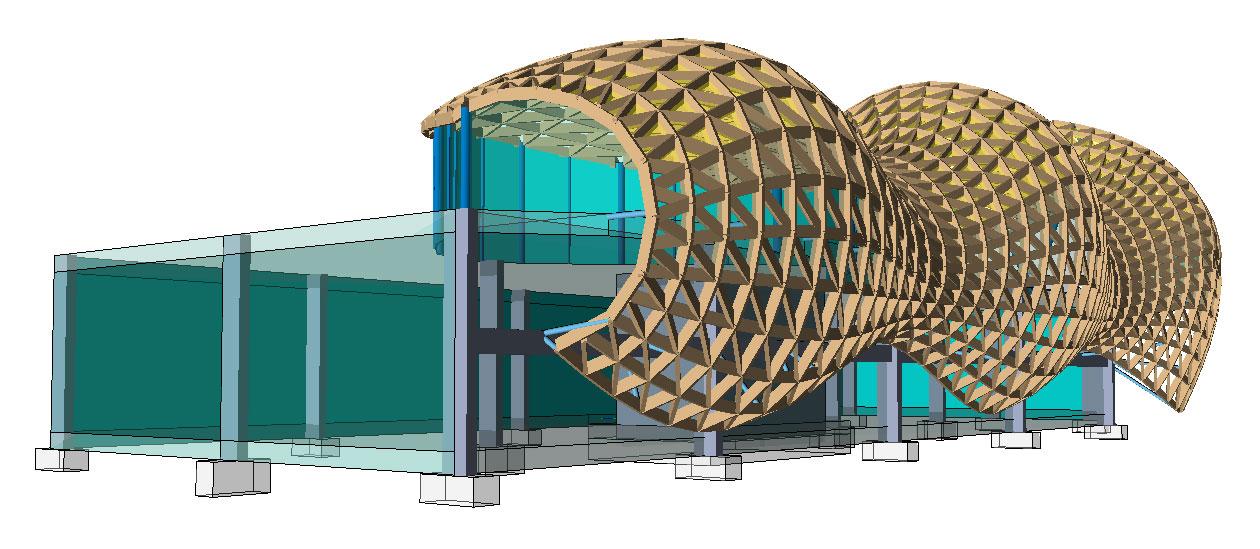 3D model of timber grid resembling the shape of an oyster shell