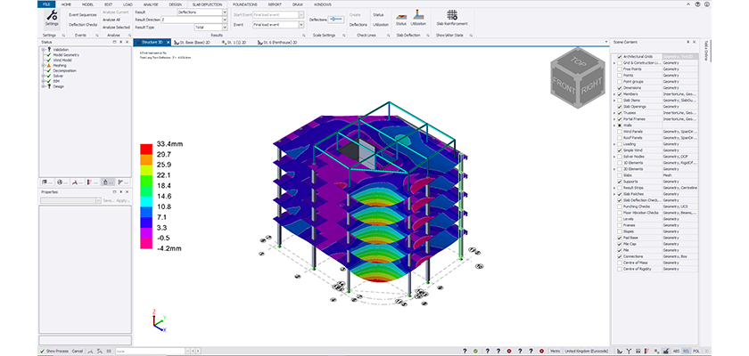 3D slab deflection view of model, slabs are displayed in a spectrum of colours