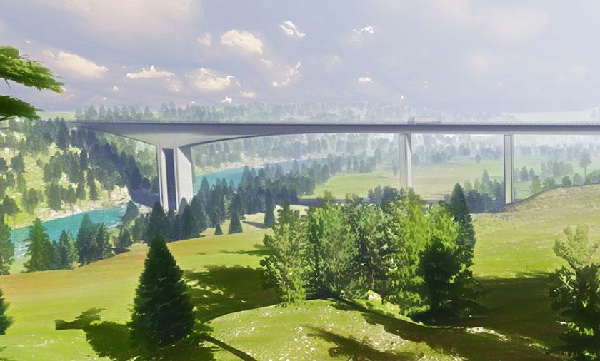 Big concrete bridge crossing a river in a forest