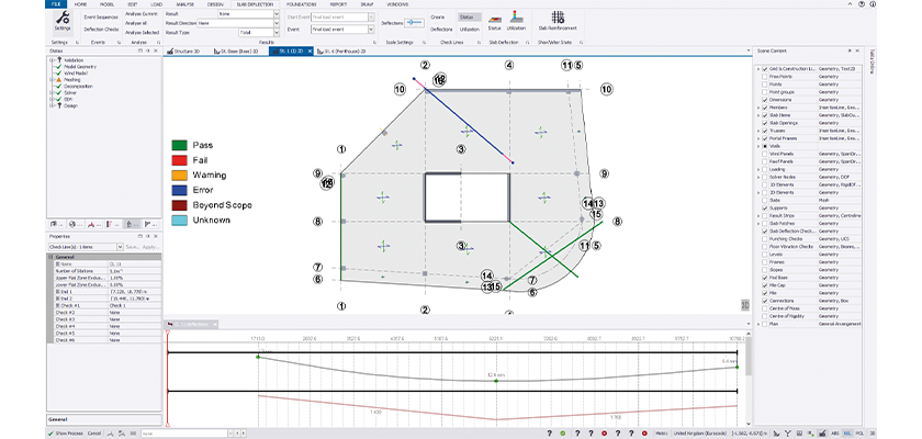 Tekla Structural Designer slab deflection view showing 2D check lines