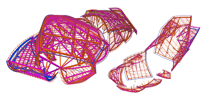 3D model of structural-steel and glulam main frame representing 12 sails which form canopies over the museum