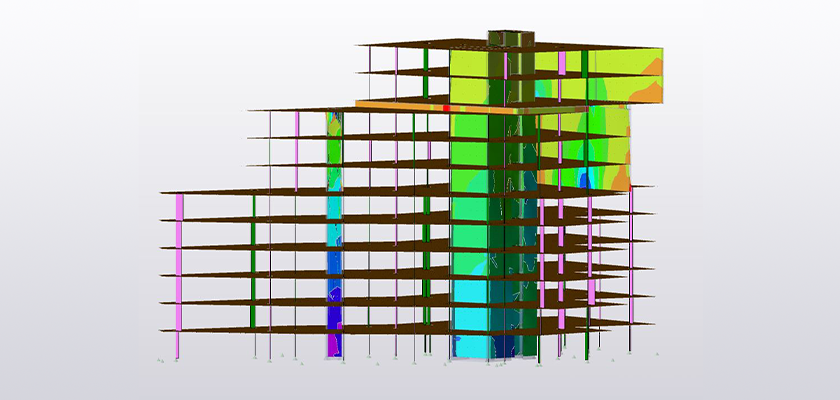 Model showing 2D element results in Tekla Structural Designer for slabs and walls which are modelled with 2D (Finite) element