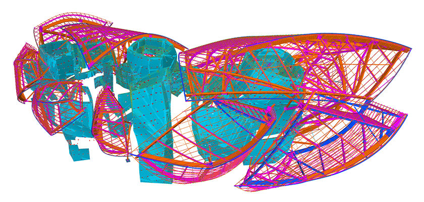 Combined model showing concrete core called icebergs with steel and glulam exterior