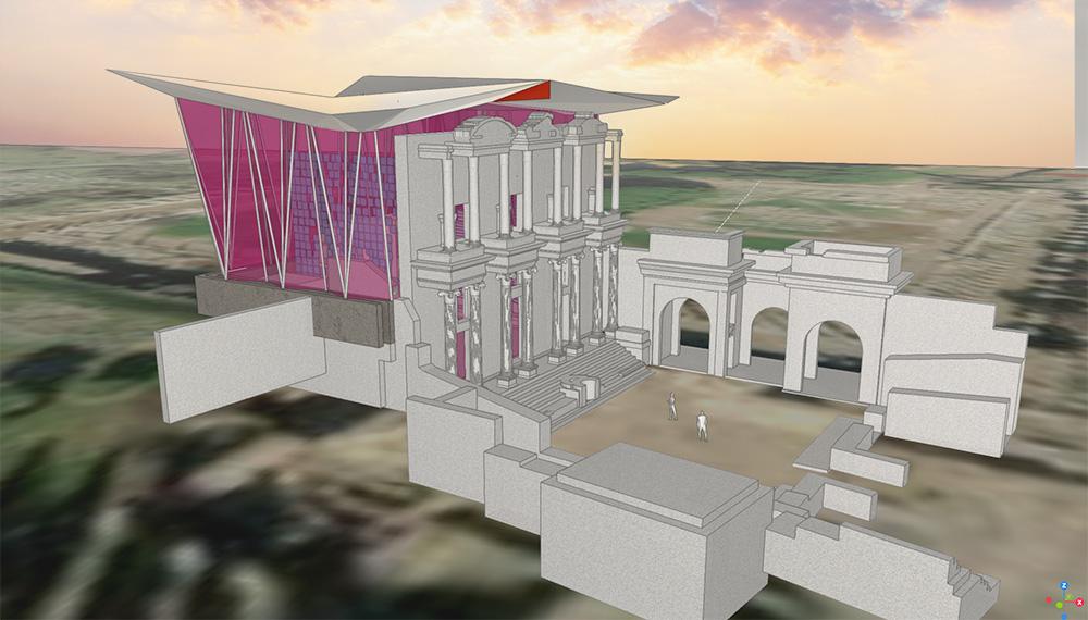 View of Library of Celsus facade with Smith-Clementi's conceptual design for addition
