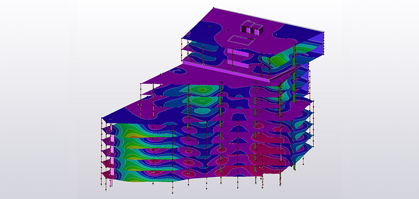 Tekla Structural Designer model of Burlington House showing slab deflections