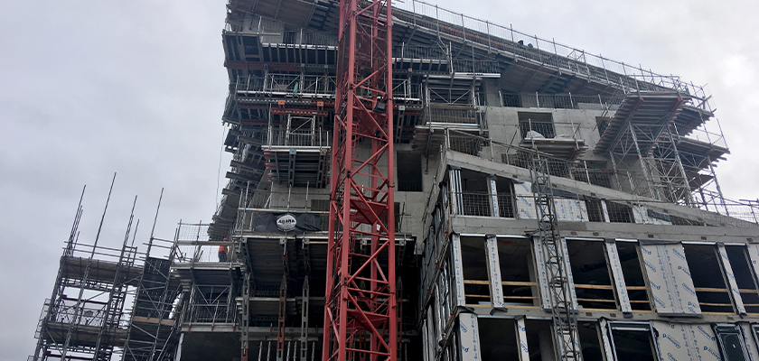 Onsite looking up at upper two tiers cantilevering out over one another