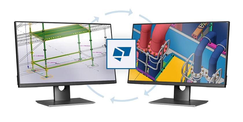 Beyond steel and concrete: How multiple design disciplines are using Tekla Structures as a platform Tekla Structures as a platform used for scaffolding and piping design visualized on two computer screens