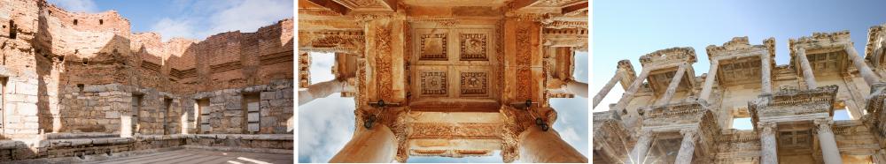 The interior, roof details, and facade of The Library of Celsus