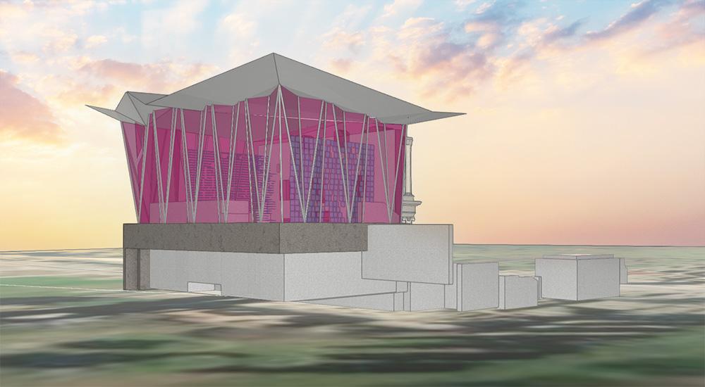 Rear of Library of Celsus with Smith-Clementi's conceptual design for addition