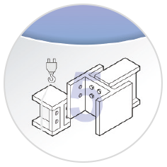 Circular infographic. Three line drawn steel beams meeting together with crane lifting one beam
