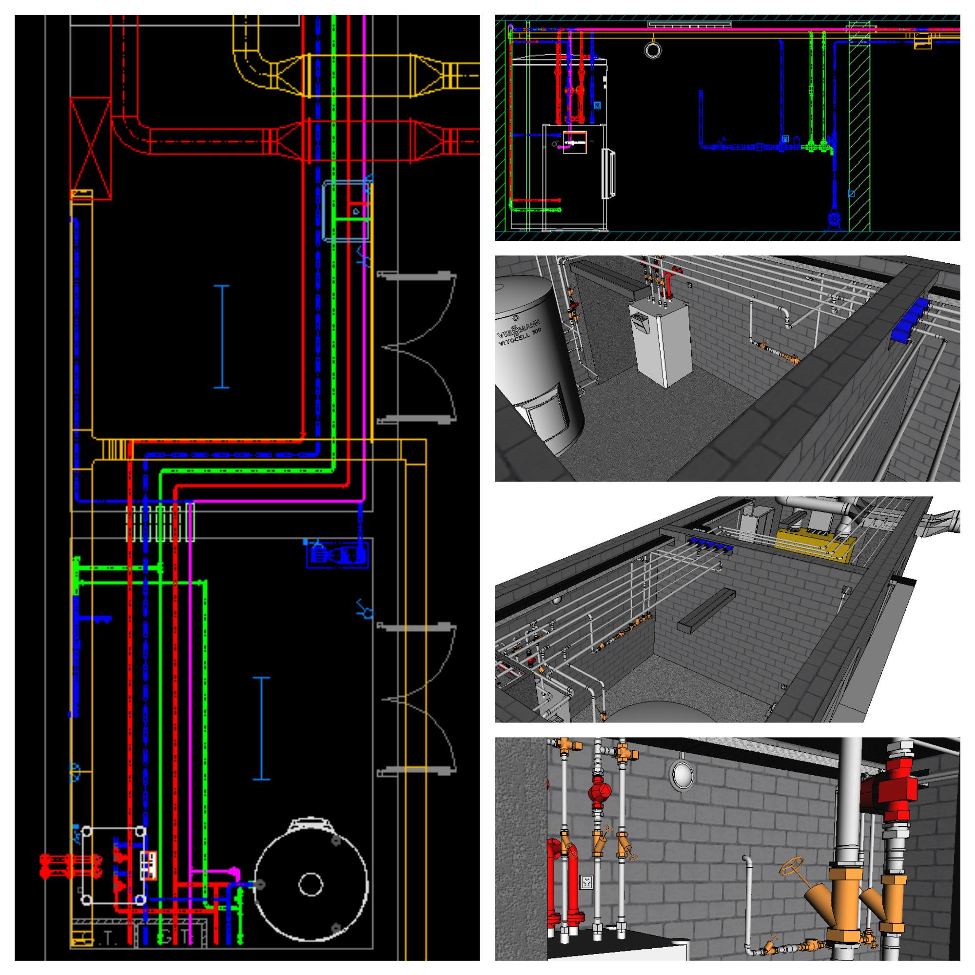 CAD-Planung in 2D sowie 3D in Trimble Nova. Sie vereint die Gewerke Heizungs-, Lüftungs- und Sanitärtechnik. HLS-Planung im B