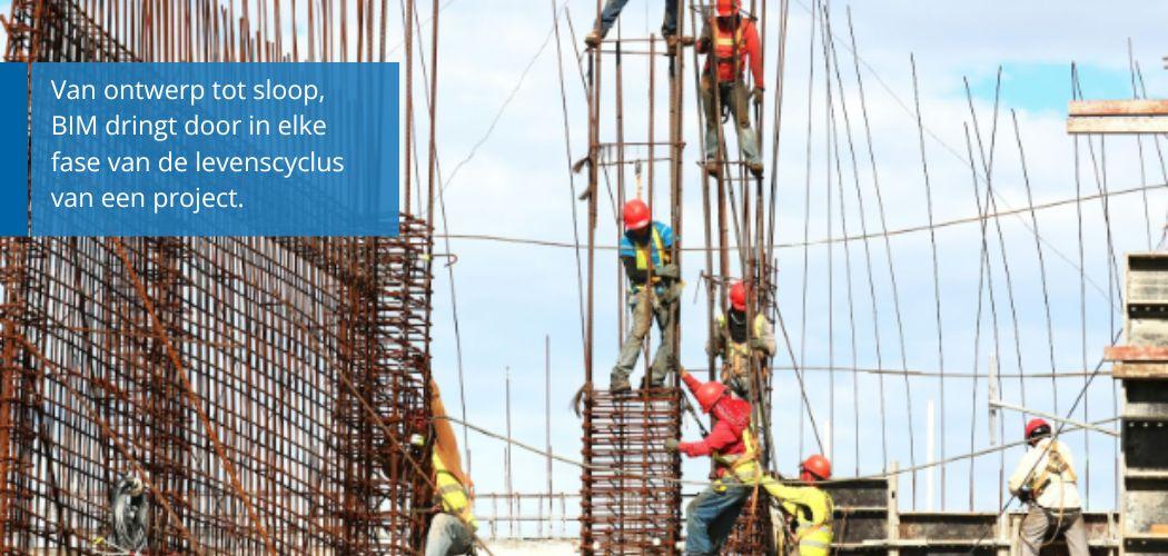 Bouwvakkers in veiligheidskleding klimmen op een stalen wapeningsconstructie en werken erop.