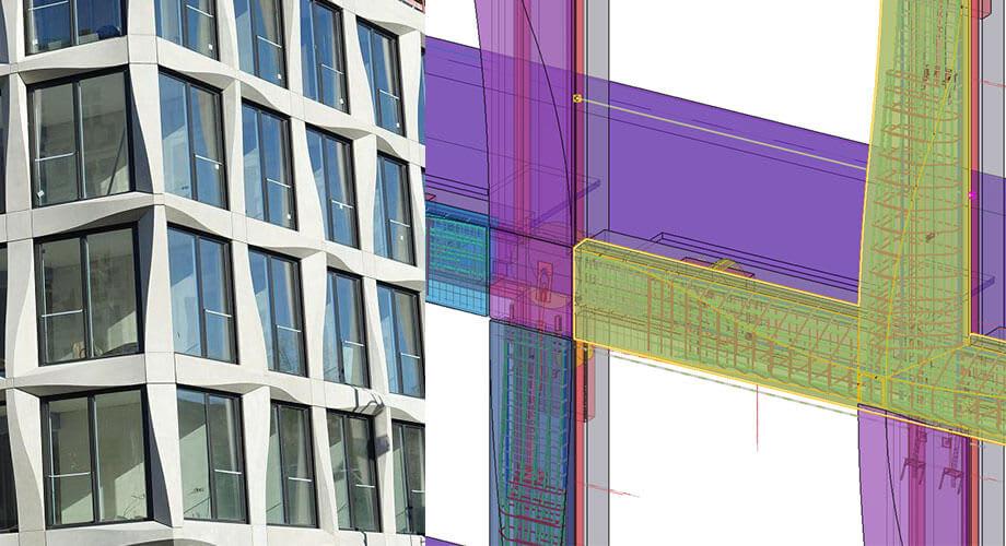 Glasbrüstung mit Betonelementen, sowie Detail-Ansicht der Bewehrung im Tekla-Modell