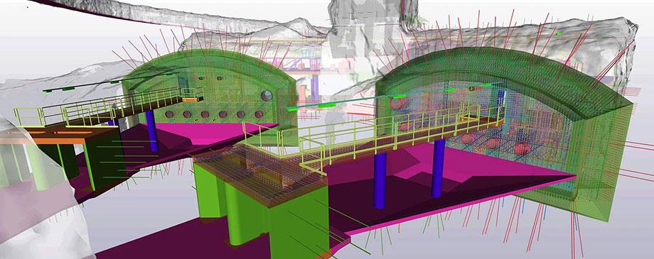 3D-Modell der unterirdischen Struktur der Blominmäki Wasseraufbereitungsanlage