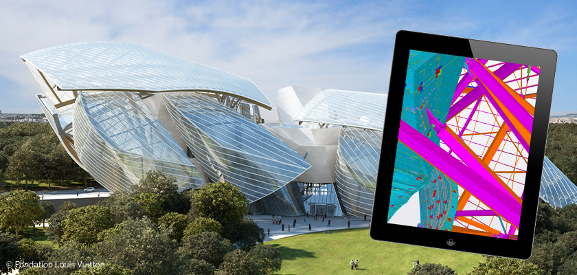 Futuristic museum Fondation Louis Vuitton and tablet showing 3D BIM model