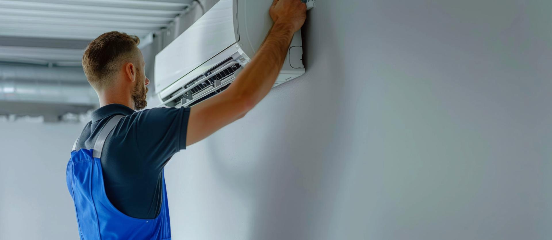 Technician installing wall-mounted air conditioner in a modern interior space