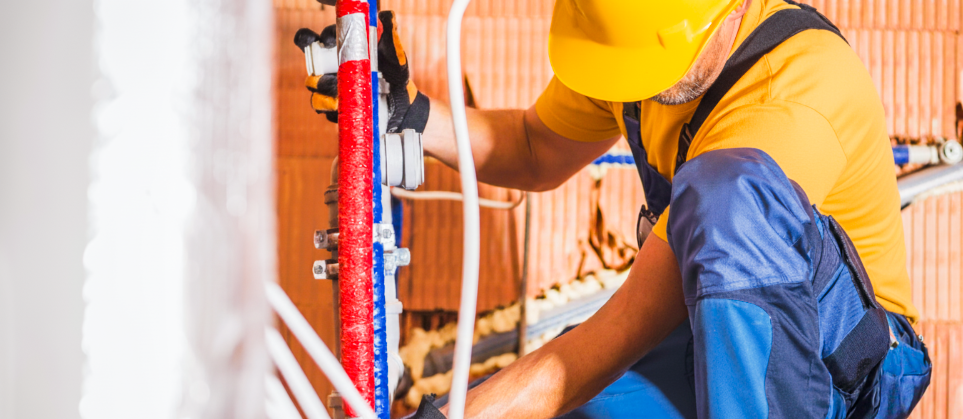 Worker in safety gear inspecting red and blue pipes