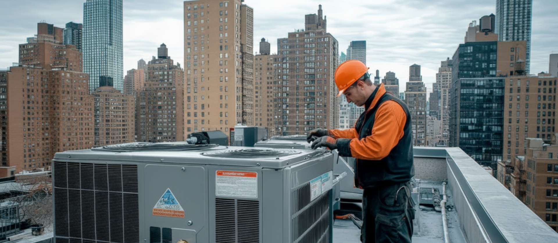Technician in safety gear servicing rooftop air conditioning unit with city skyline in background