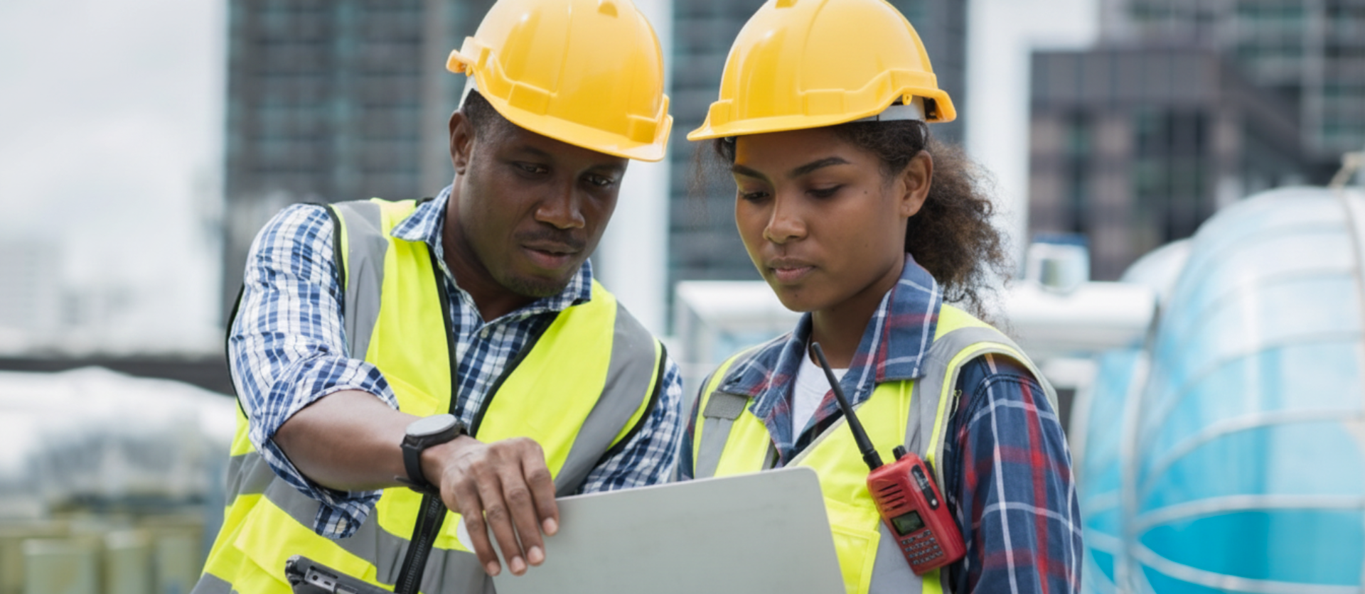 Workers in safety gear reviewing plans on a laptop at a construction site.