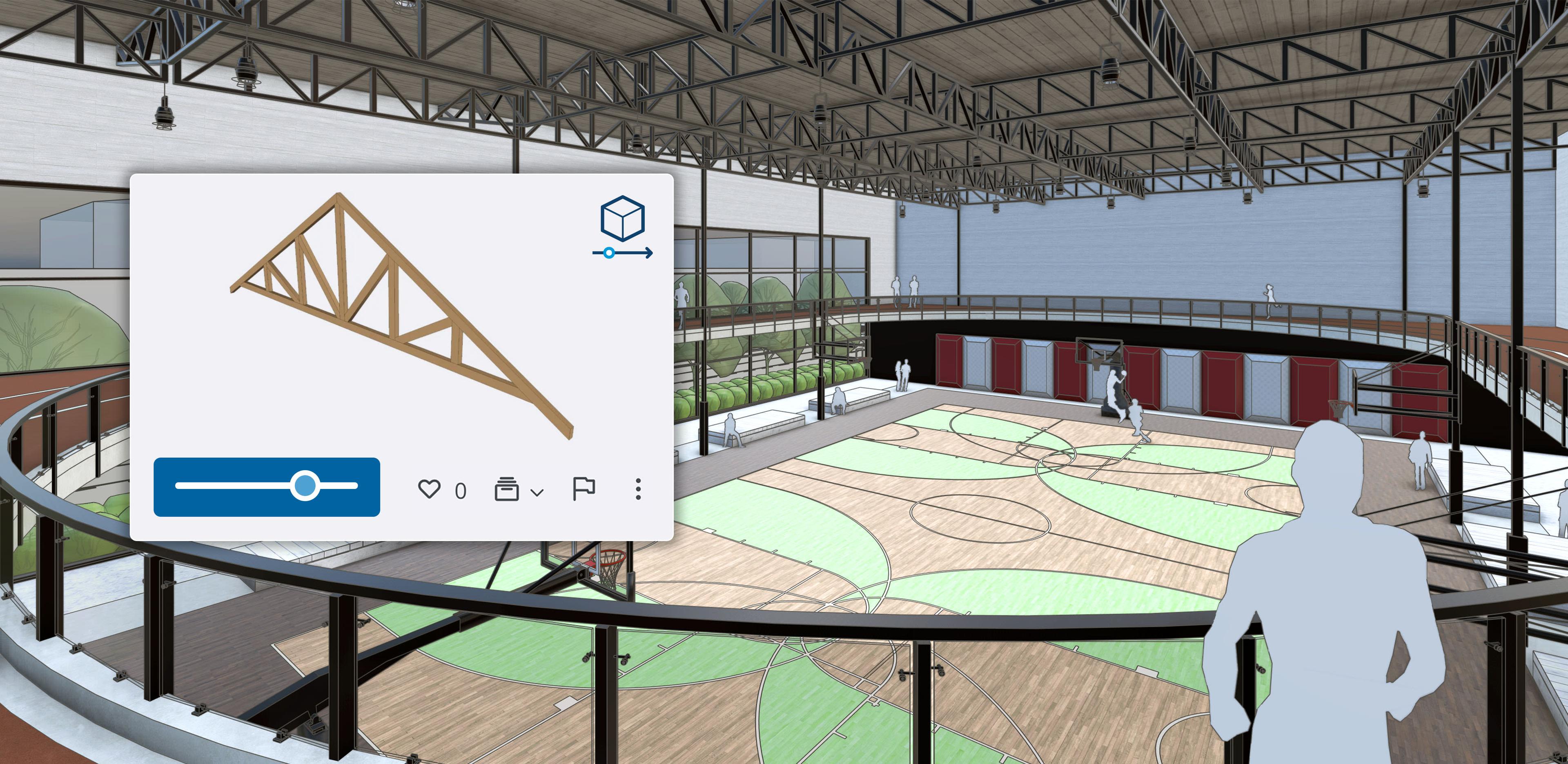 Un modelo de SketchUp que muestra una cancha de baloncesto de color marrón y verde con una pista de carreras de nivel superio